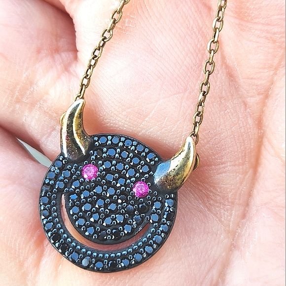 Saks Fifth Avenue SS Vermeil Smiling Devil Necklace w/Swarovski Crystals - Picture 2 of 5
